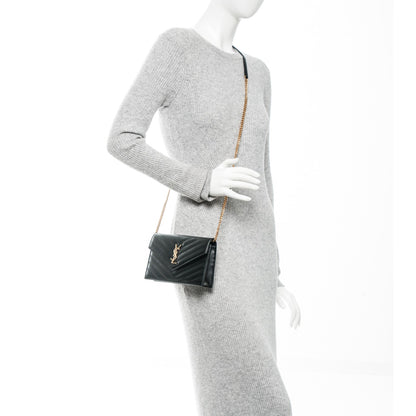Saint Laurent Grain De Poudre Matelasse Chevron Monogram Envelope Chain Wallet Black 2 of 6