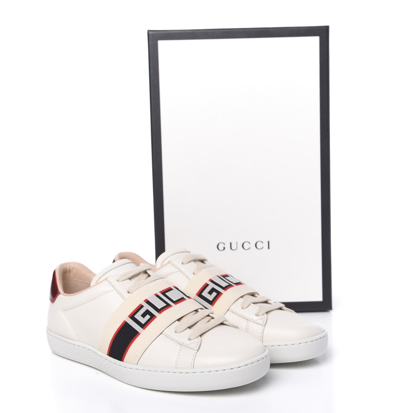 Calfskin Stripe Womens New Ace Sneakers 36 New Mystic White Ecru Red Flame