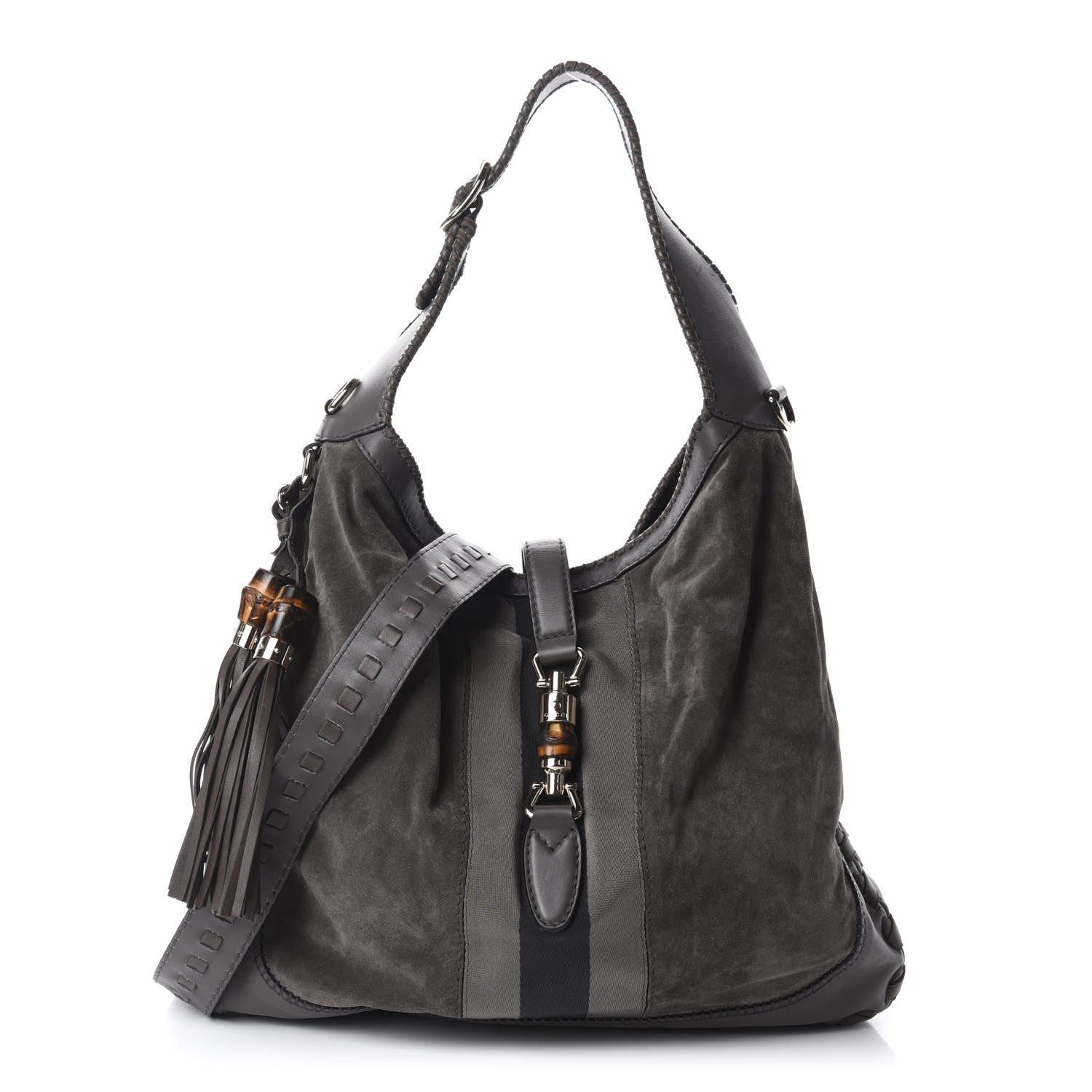 Gucci Calfskin Suede Large New Jackie Web Shoulder Bag Grey 1 of 10