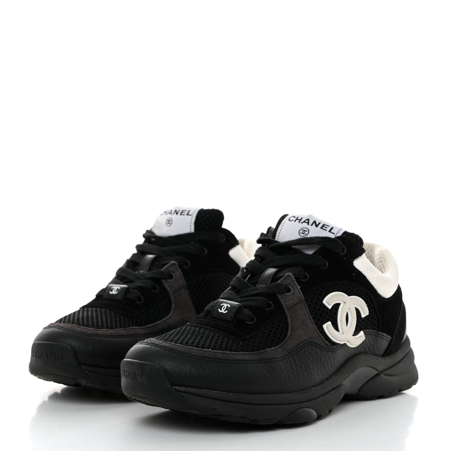 Mesh Suede Grained Calfskin Womens CC Sneakers 37 Black White
