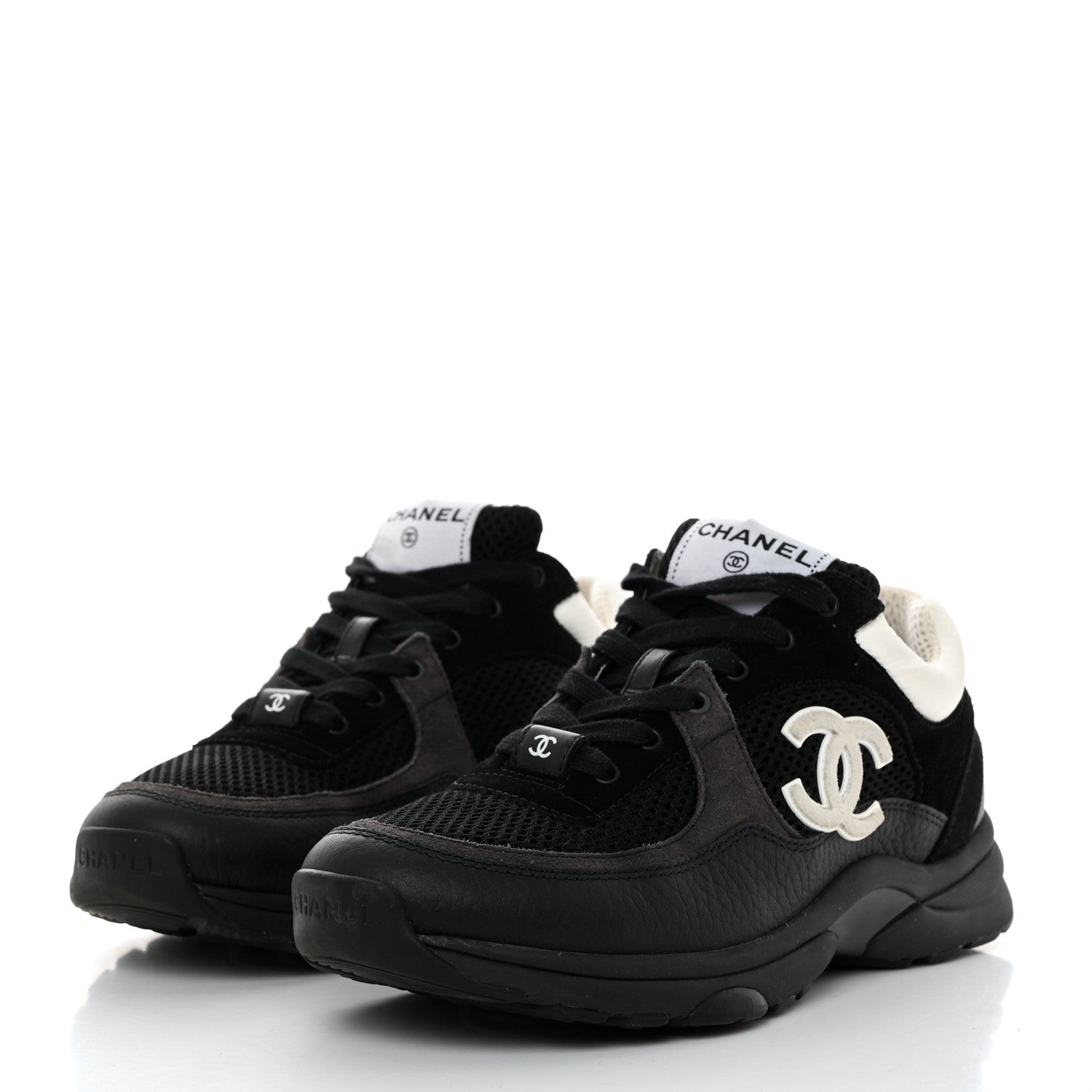 Chanel Mesh Suede Grained Calfskin Womens CC Sneakers 37 Black White 3 of 8