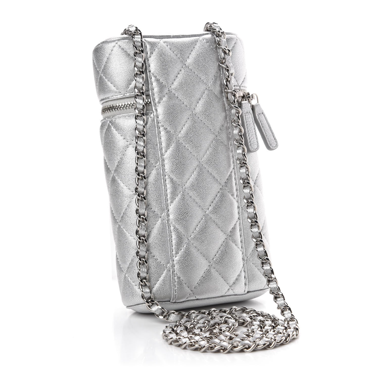 Chanel Metallic Lambskin Quilted Phone Holder With Chain Silver 3 of 10