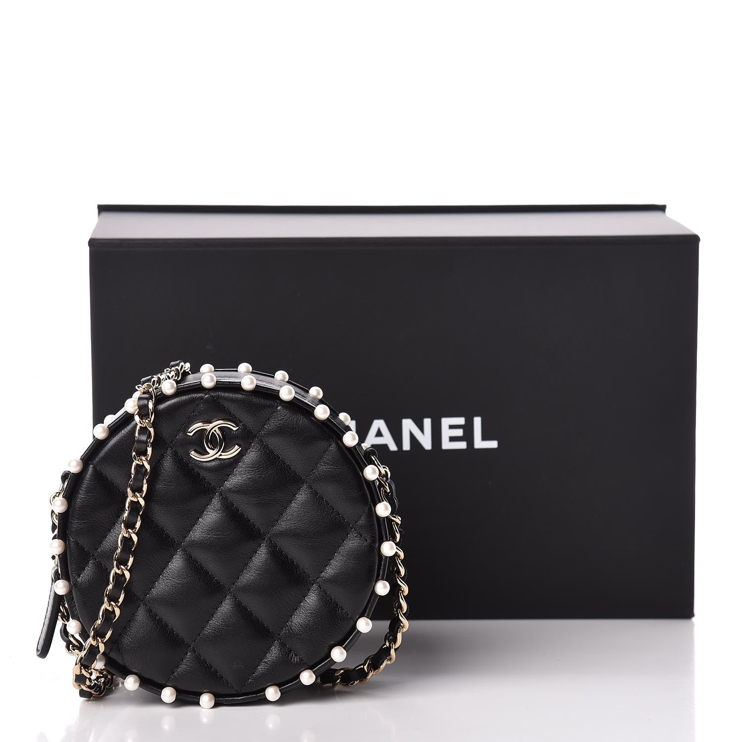 Chanel Calfskin Quilted Pearl Round Clutch With Chain Black 11 of 11