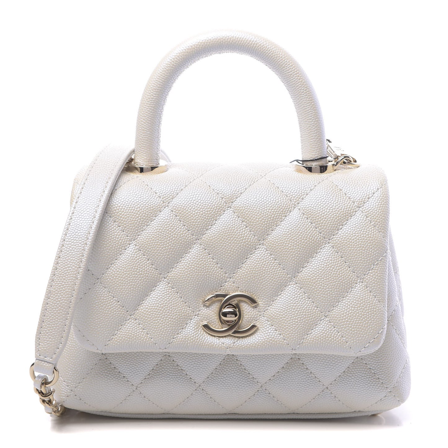 Iridescent Caviar Quilted Extra Mini Coco Handle Flap White