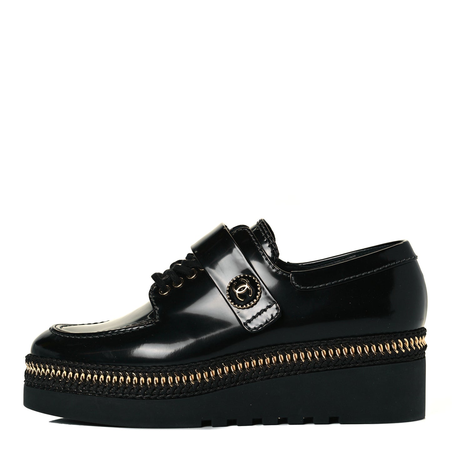 Shiny Calfskin Lace Up Platform Loafers 39 Black
