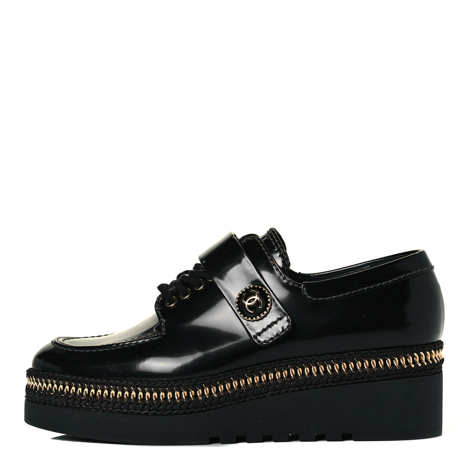 Chanel Shiny Calfskin Lace Up Platform Loafers 39 Black 1 of 8