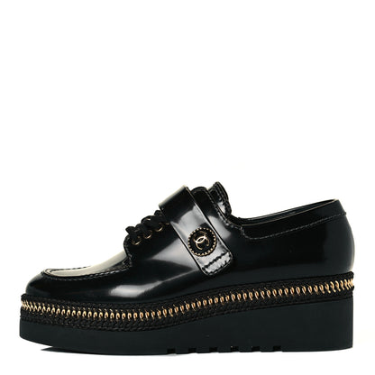 Chanel Shiny Calfskin Lace Up Platform Loafers 39 Black 1 of 8