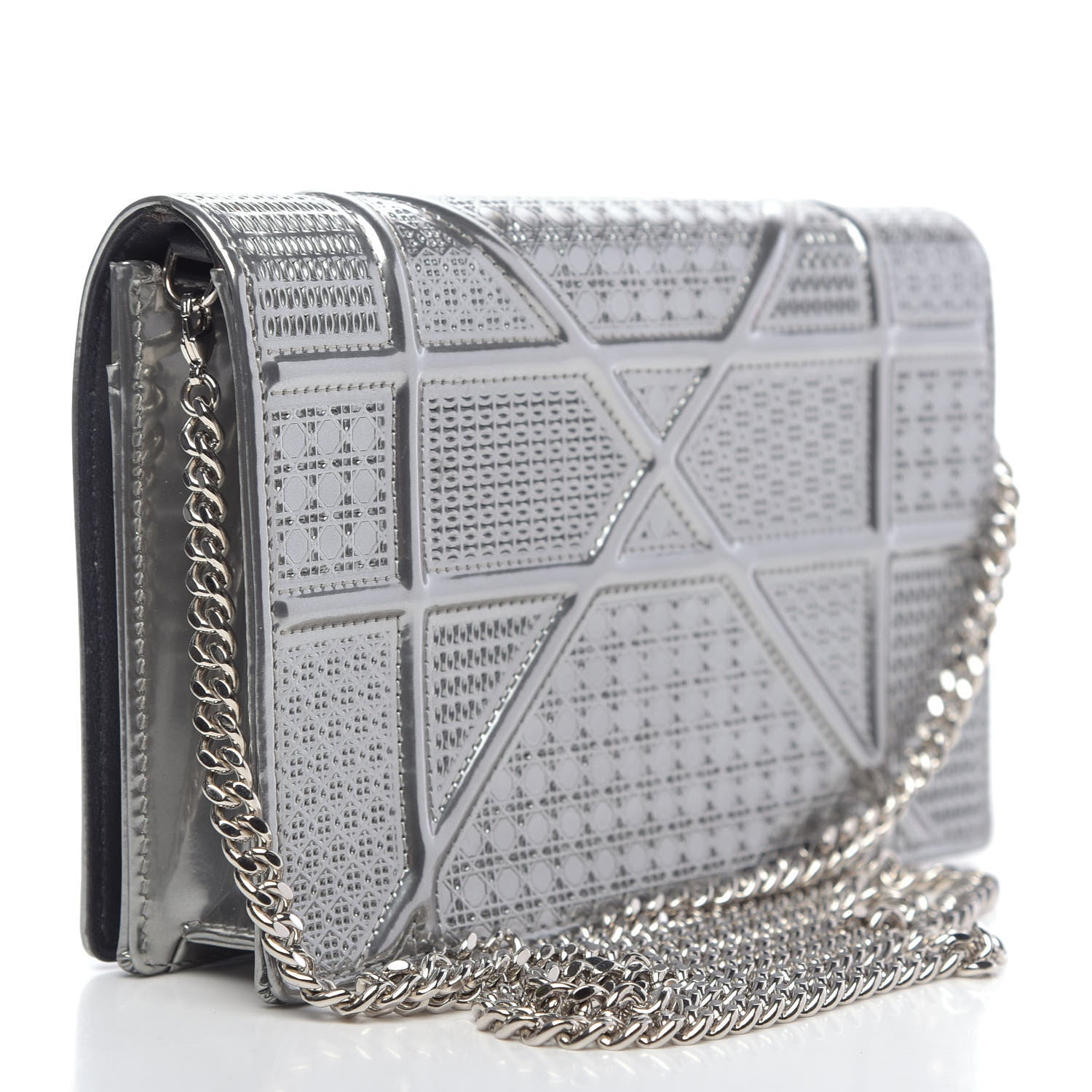 Christian Dior Metallic Patent Micro-Cannage Diorama Wallet on Chain Pouch Silver 3 of 10