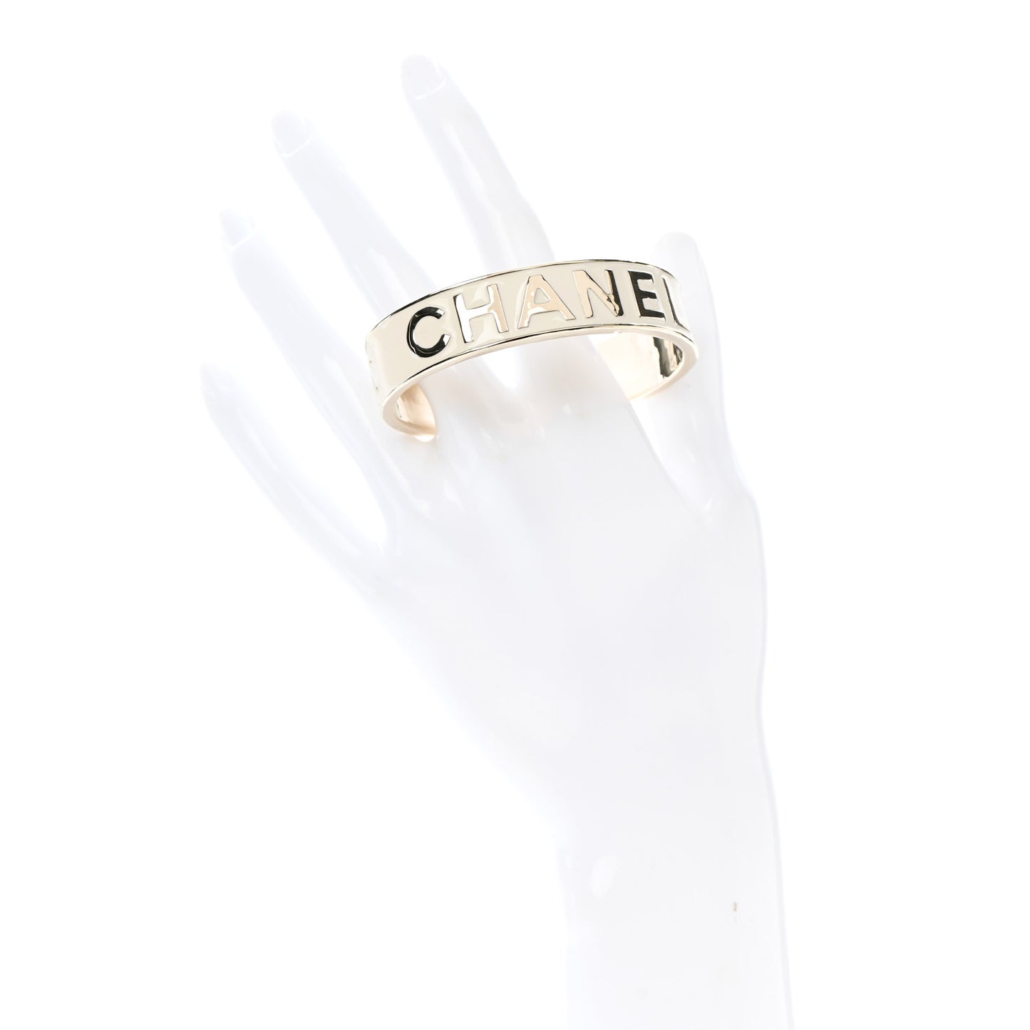 Metal Enamel Chanel Logo Cuff Bracelet M White