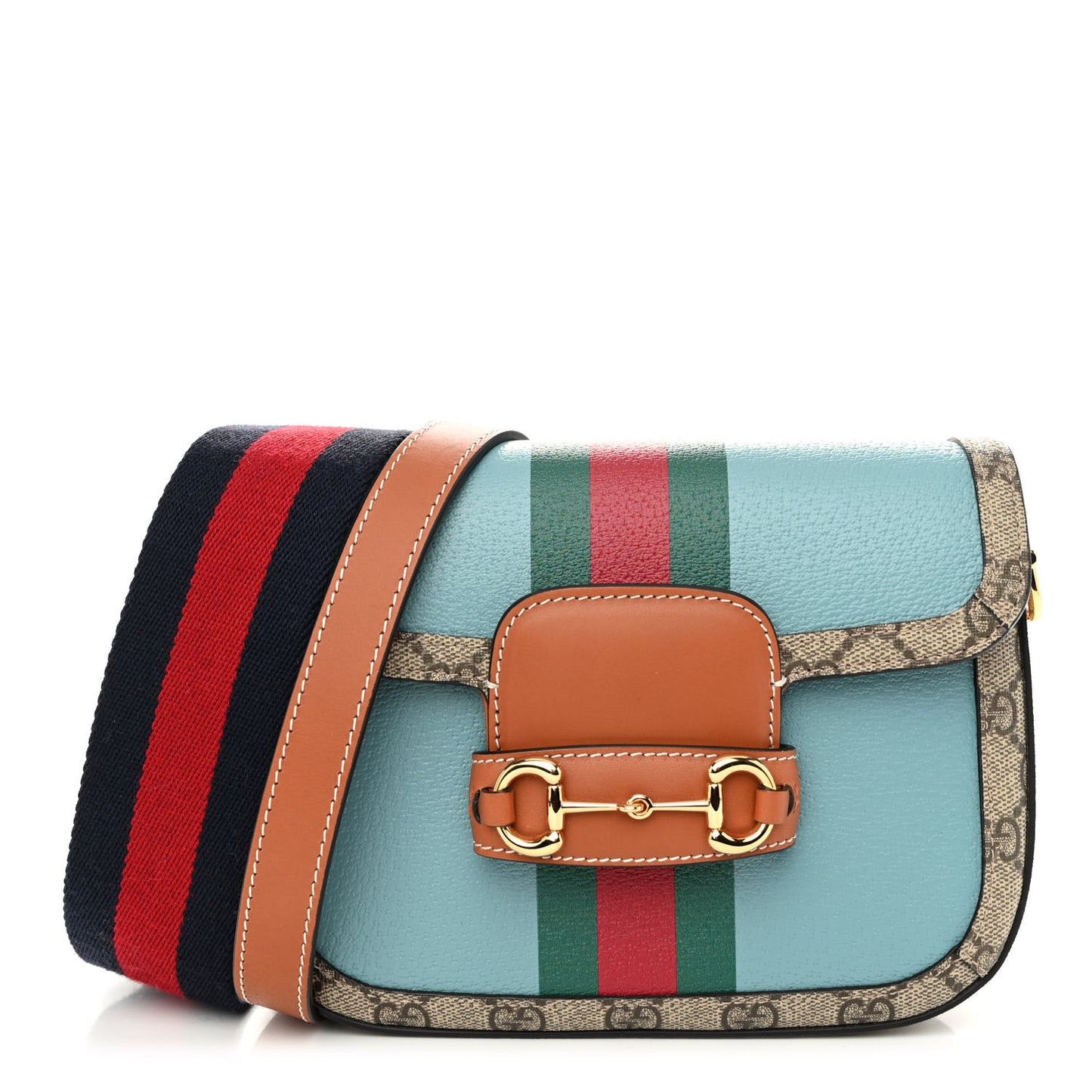 X DANS LE VERT Textured Dollar Calfskin GG Supreme Monogram Web Mini Horsebit 1955 Shoulder Bag Dusty Azure Beige Ebony