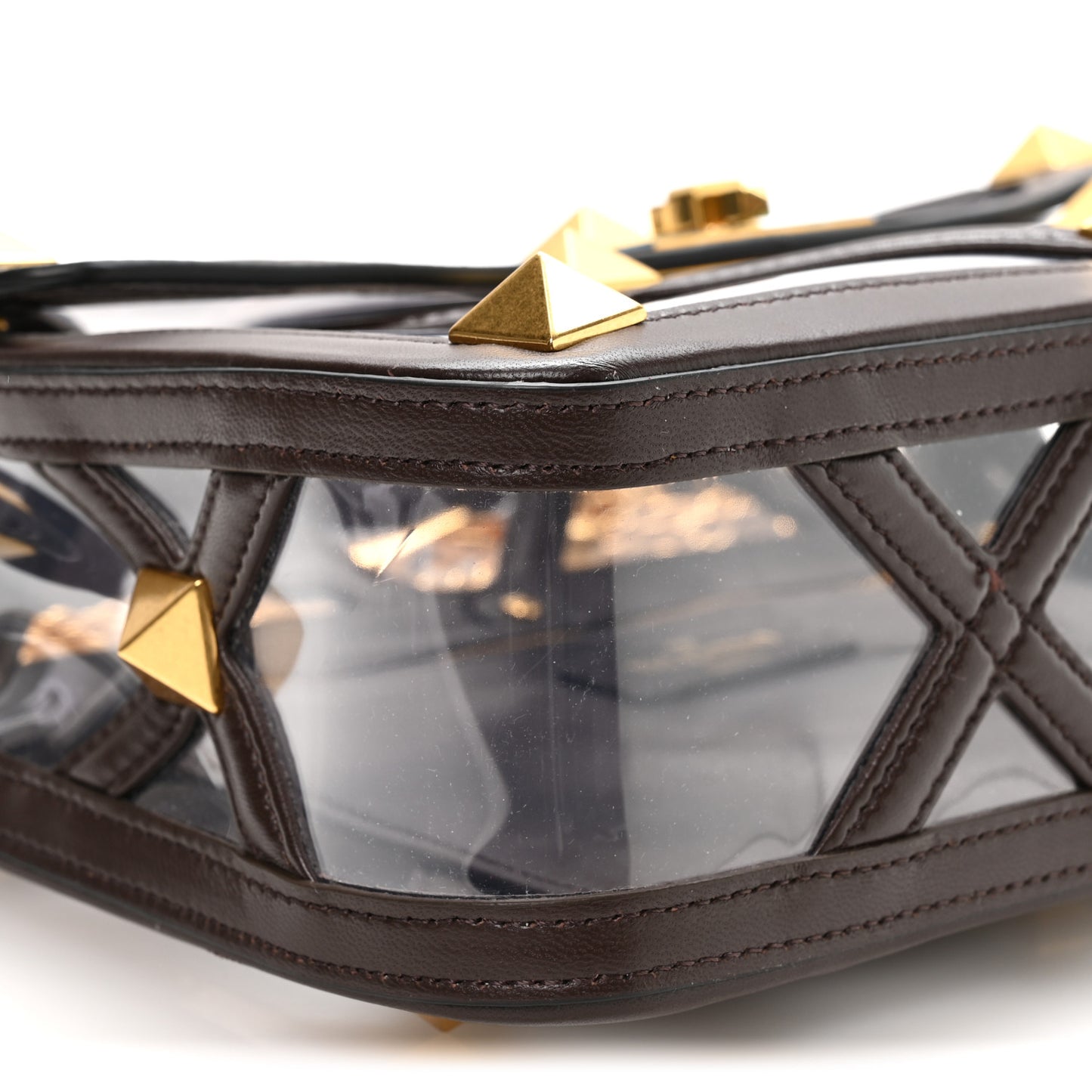 PVC Calfskin Large Roman Stud Shoulder Bag Transparent Dark Brown