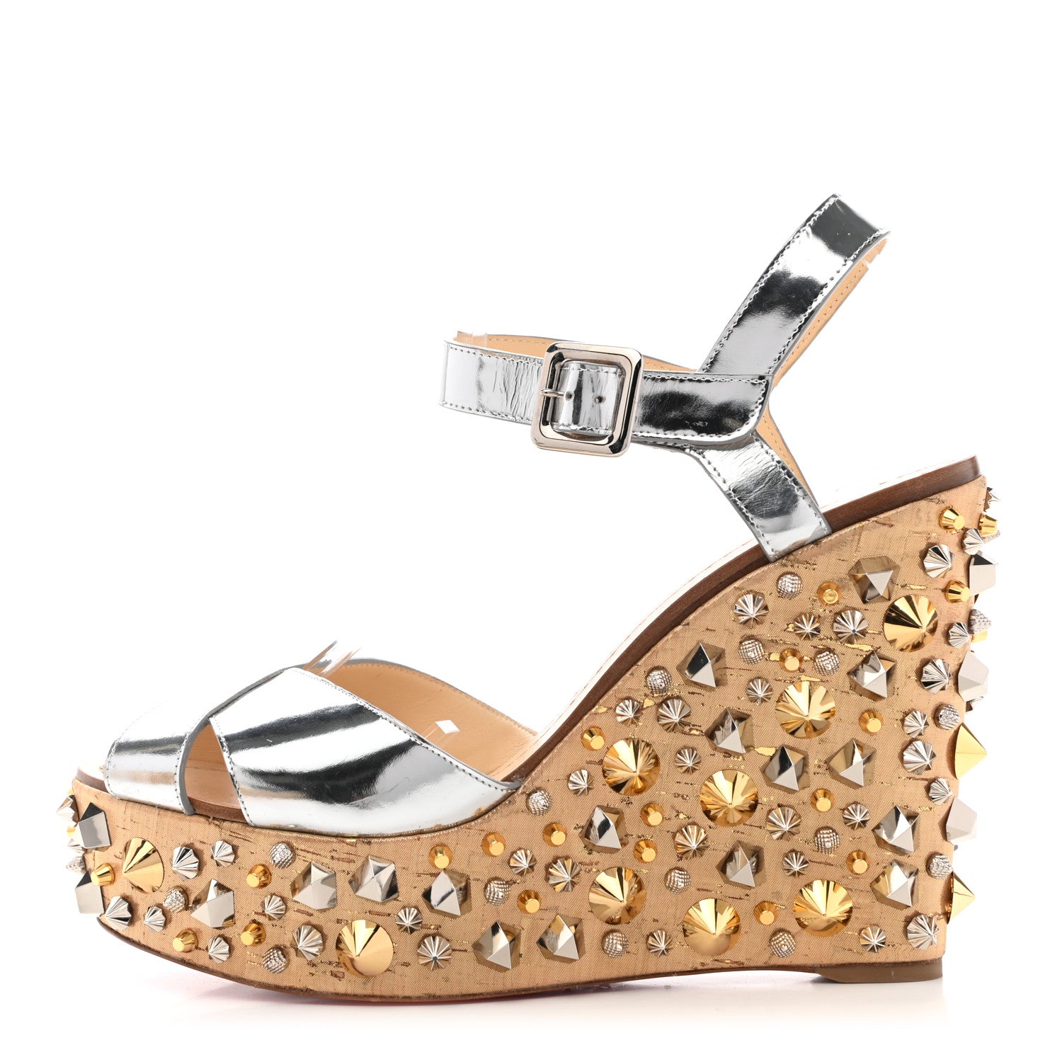 Christian Louboutin Calfskin Lame Cork Almericca 120 Studded Wedge Sandals 42 Silver 1 of 12