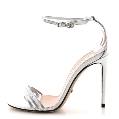 Gucci Nappa Silk Crystal GG Ankle Strap High Heel Sandals 37 Argento 1 of 11