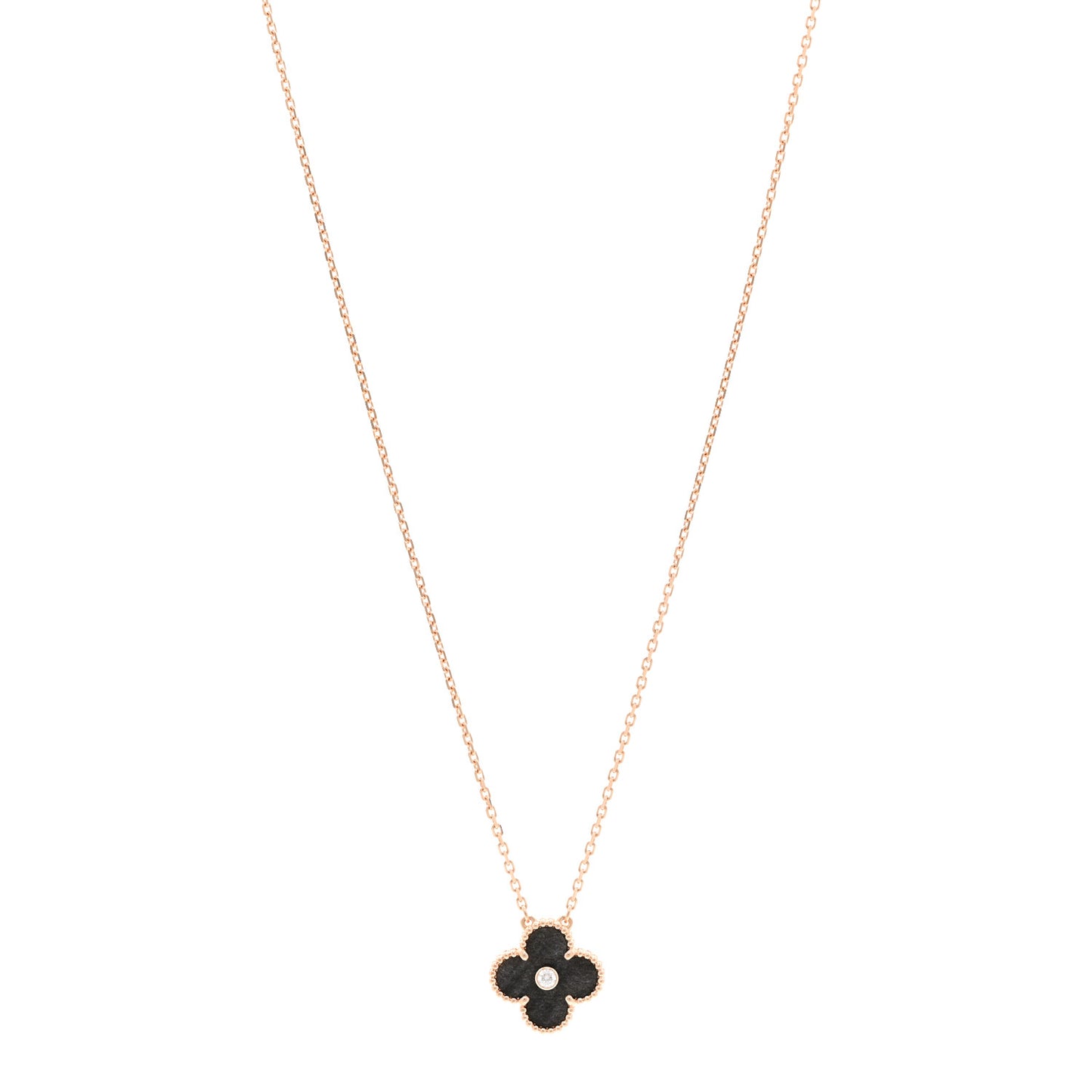 18K Rose Gold Diamond Silver Obsidian Vintage Alhambra Pendant Necklace