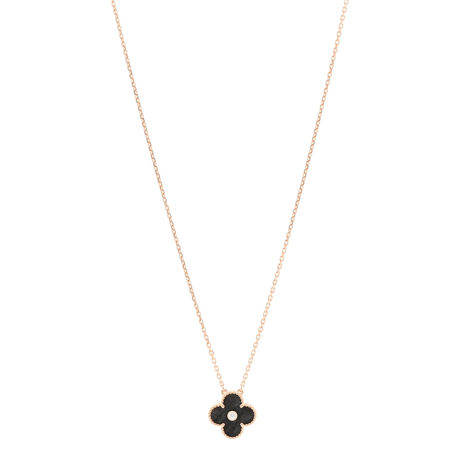 Van Cleef & Arpels 18K Rose Gold Diamond Silver Obsidian Vintage Alhambra Pendant Necklace 1 of 6