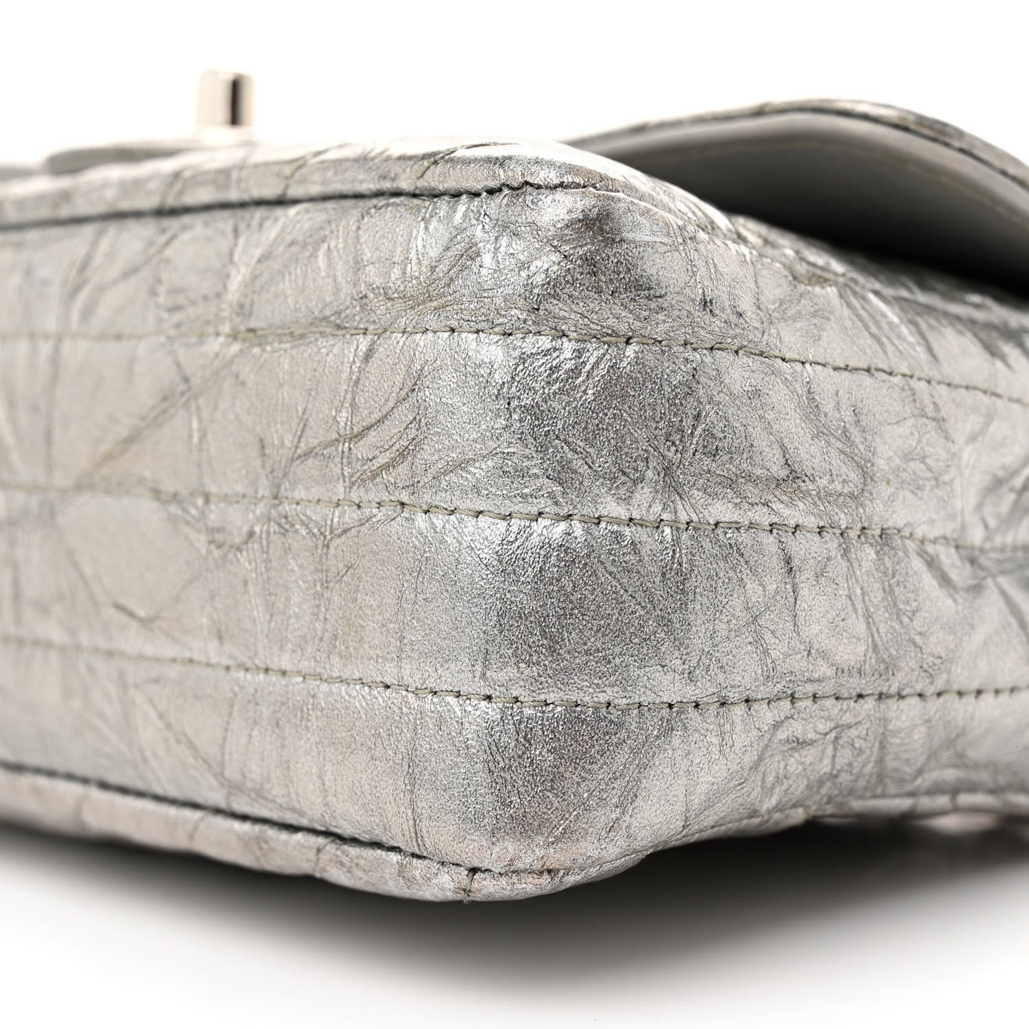 Patent Metallic Crumpled Calfskin Chevron Quilted Mini Rectangular Flap Silver