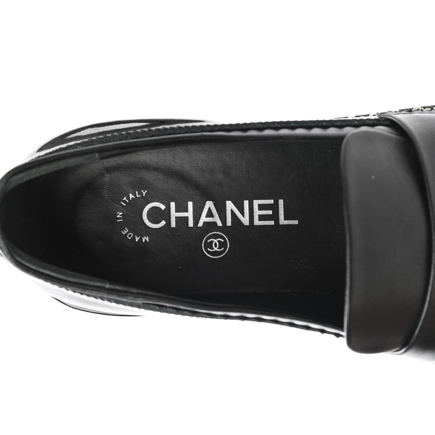 Patent Lambskin CC Chain Mocassin Loafers 38.5 Black