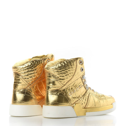 Chanel Metallic Calfskin Crocodile Embossed Cocodile High Top Sneakers 37 Gold 4 of 8