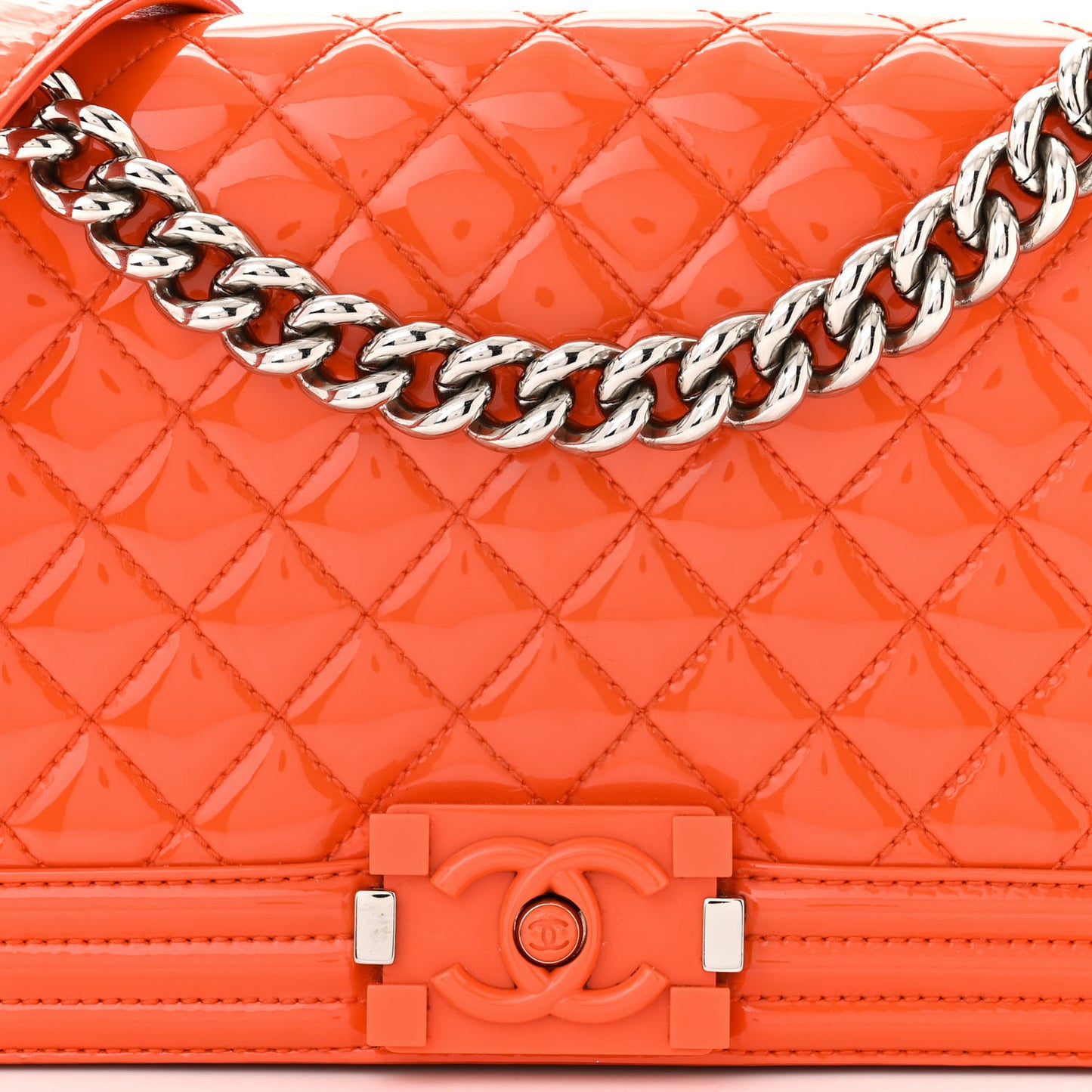 Patent Calfskin Quilted Medium Plexiglass Boy Flap Orange