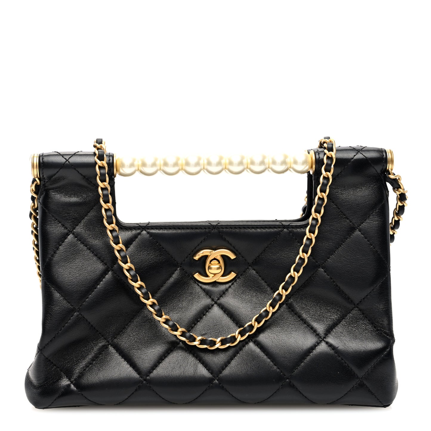 Shiny Lambskin Pearl Small Shopping Bag Black