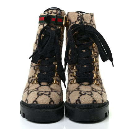 Gucci Covered Wool GG Monogram Womens Lace Up Combat Ankle Boots 37.5 Beige Ebony Black 2 of 9