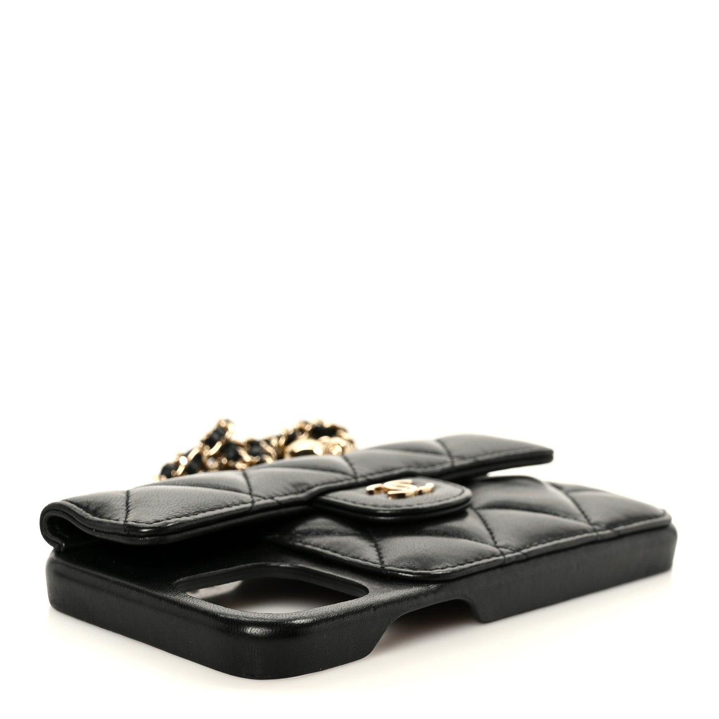 Lambskin Quilted Pearl Crush iPhone XII Pro Holder With Chain Black