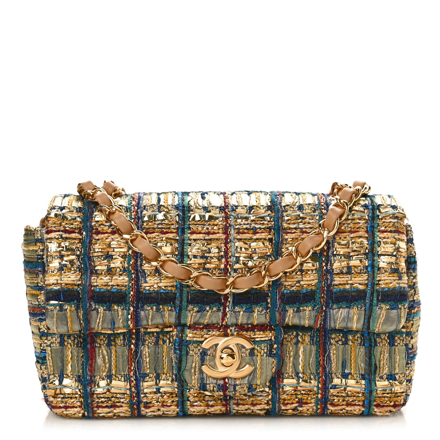 Tweed Quilted Mini Rectangular Flap Gold Blue Light Green Black