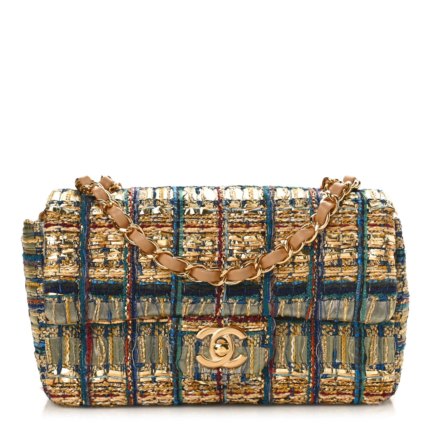 Chanel Tweed Quilted Mini Rectangular Flap Gold Blue Light Green Black 1 of 9