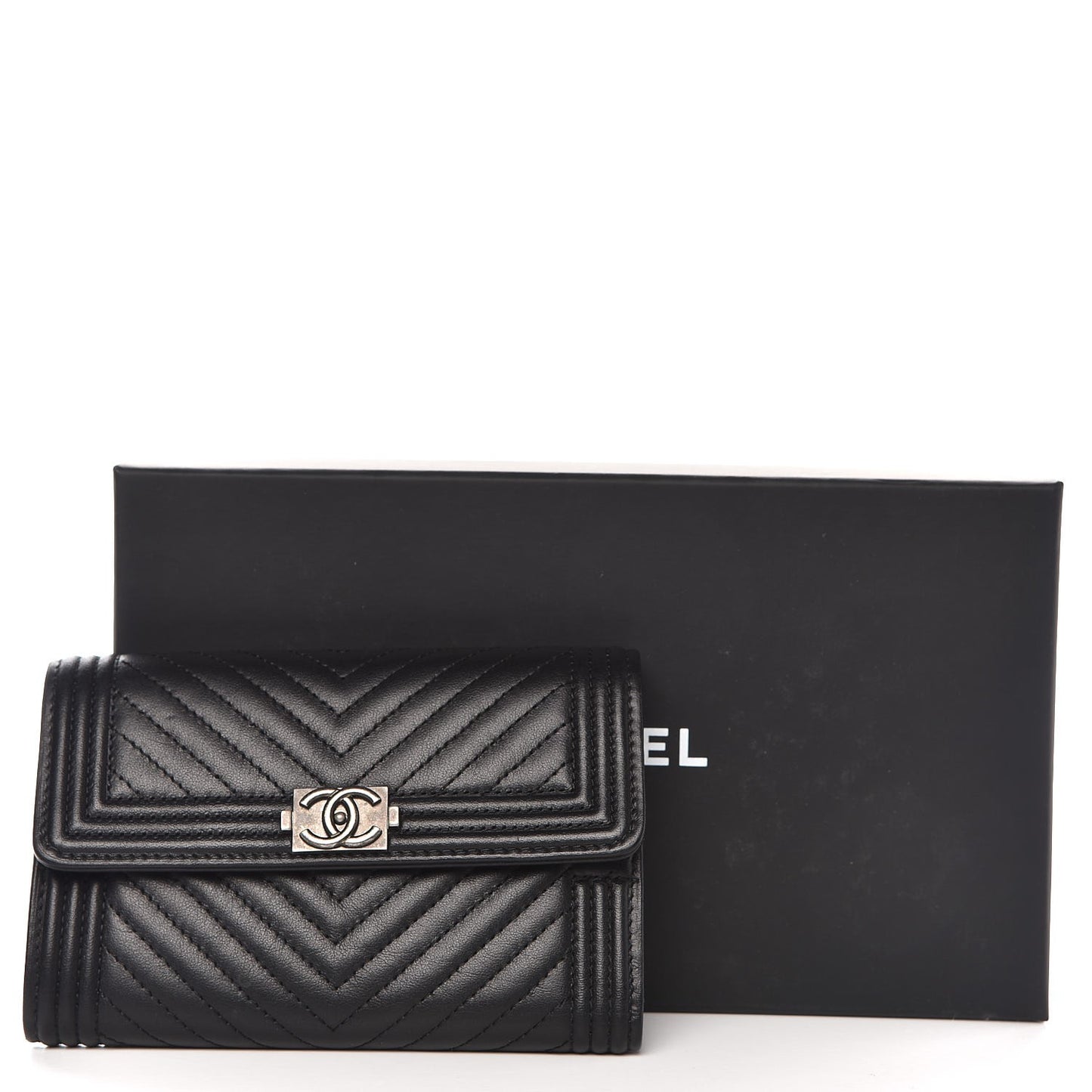 Calfskin Chevron Quilted Medium Boy Flap Wallet Black