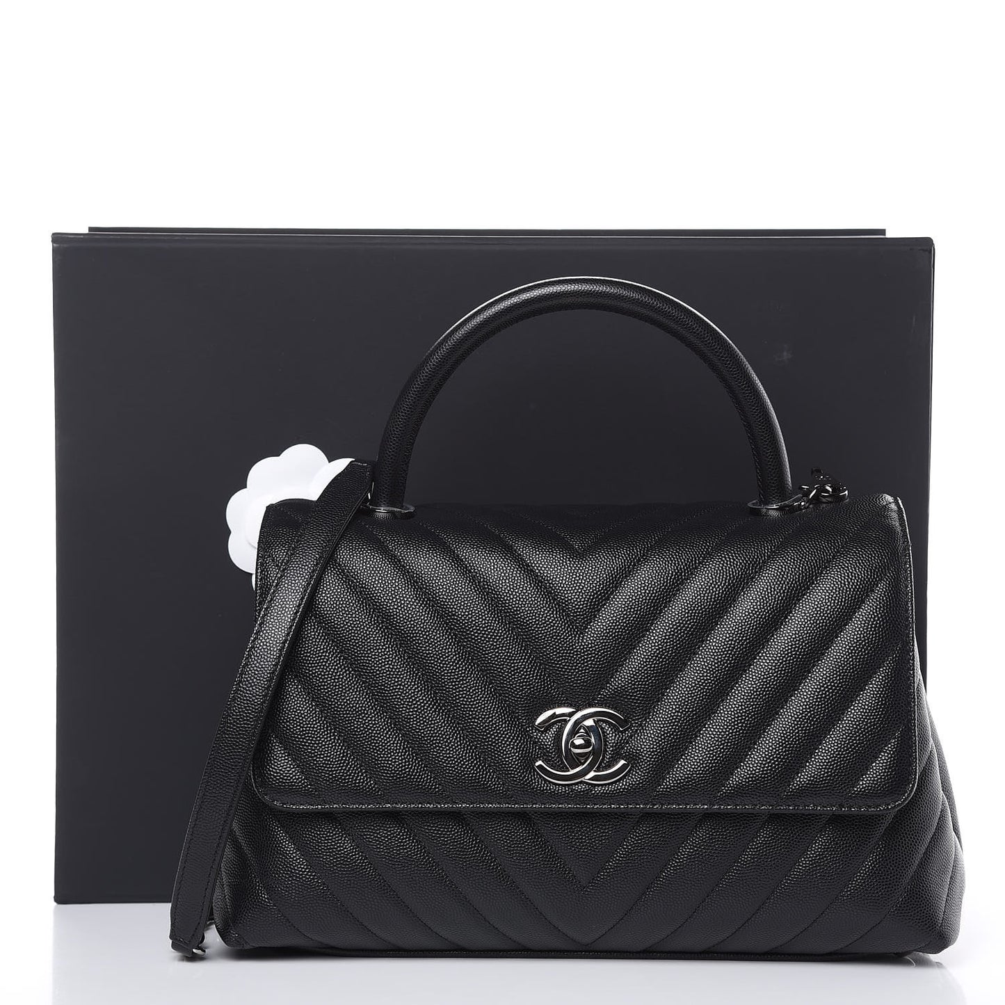 Caviar Chevron Quilted Small Coco Handle Flap Black
