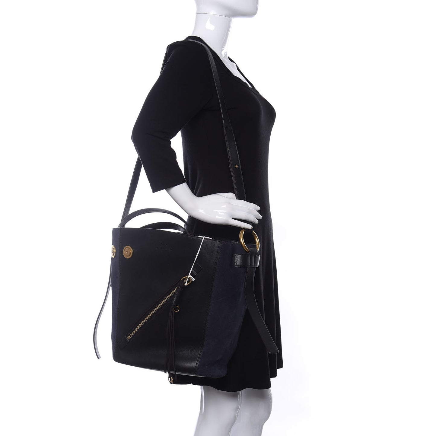 Smooth Suede Calfskin Medium Myer Double Carry Bag Black Navy