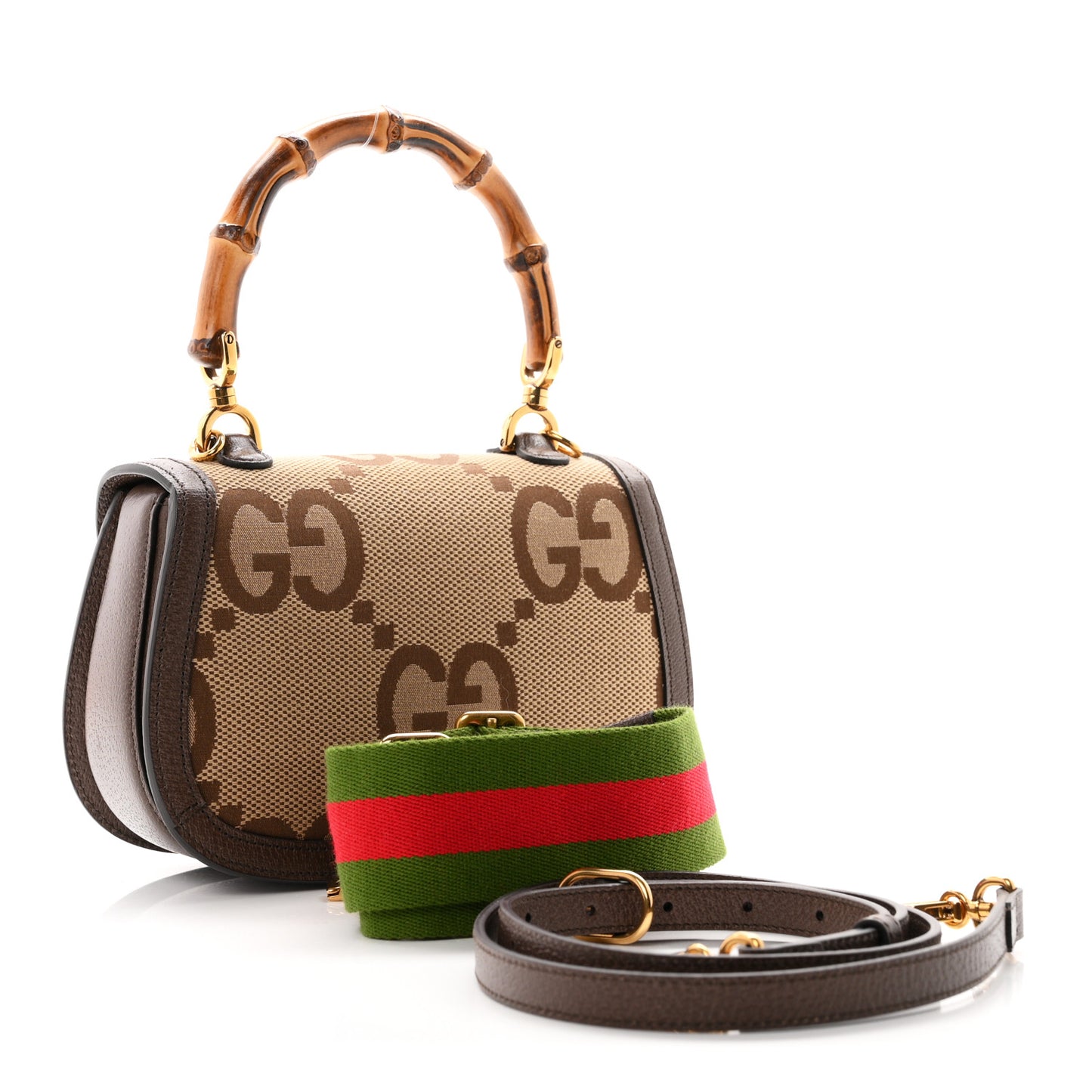 Monogram Jumbo GG Textured Dollar Calfskin Web Small Bamboo 1947 Top Handle Bag Camel Ebony New Acero