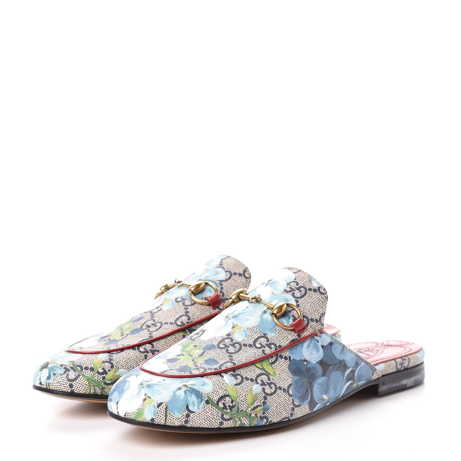 Gucci GG Supreme Monogram Blooms Womens Princetown Slippers 37 Beige Blue Navy Hibiscus Red 3 of 11