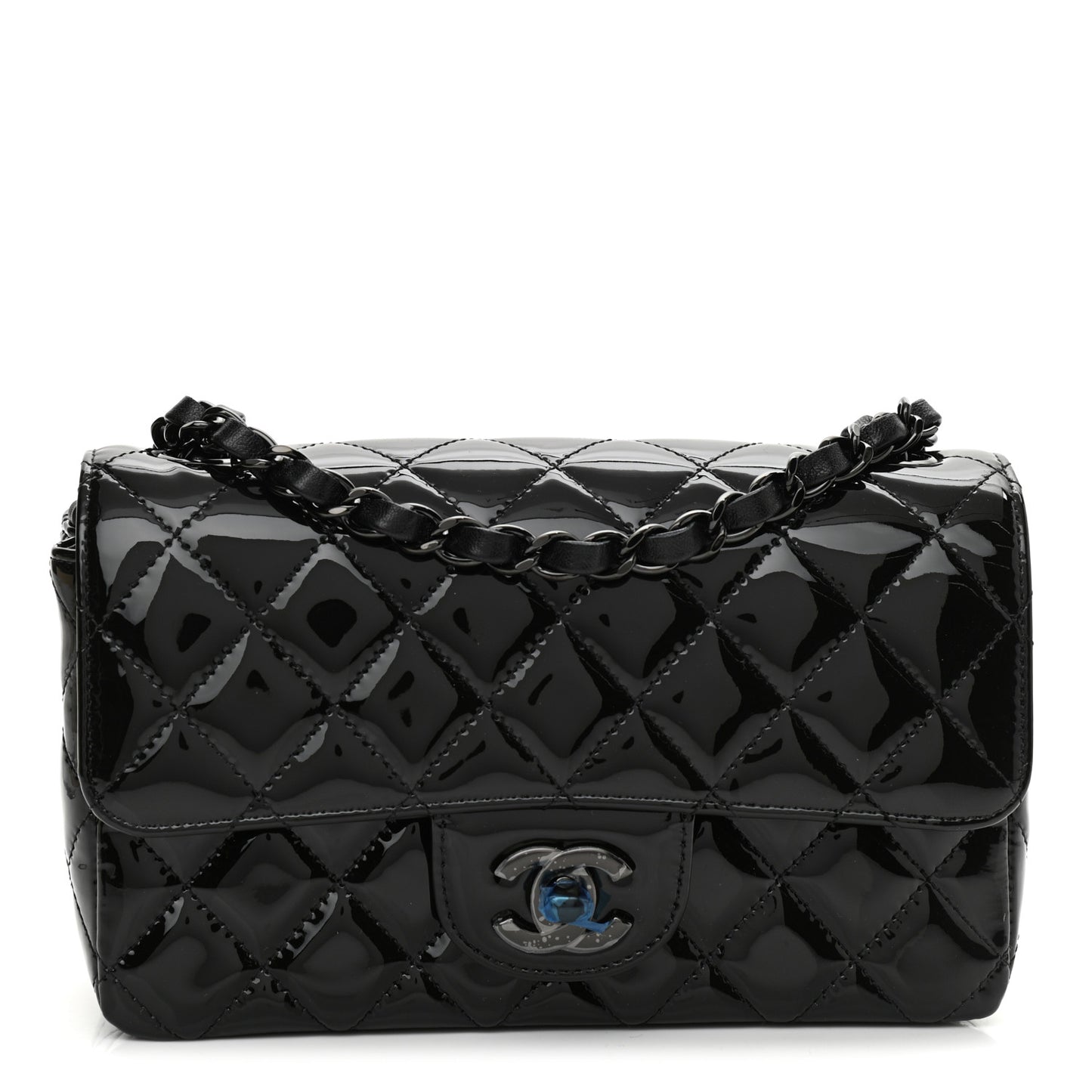 Patent Calfskin Quilted Mini Rectangular Flap So Black