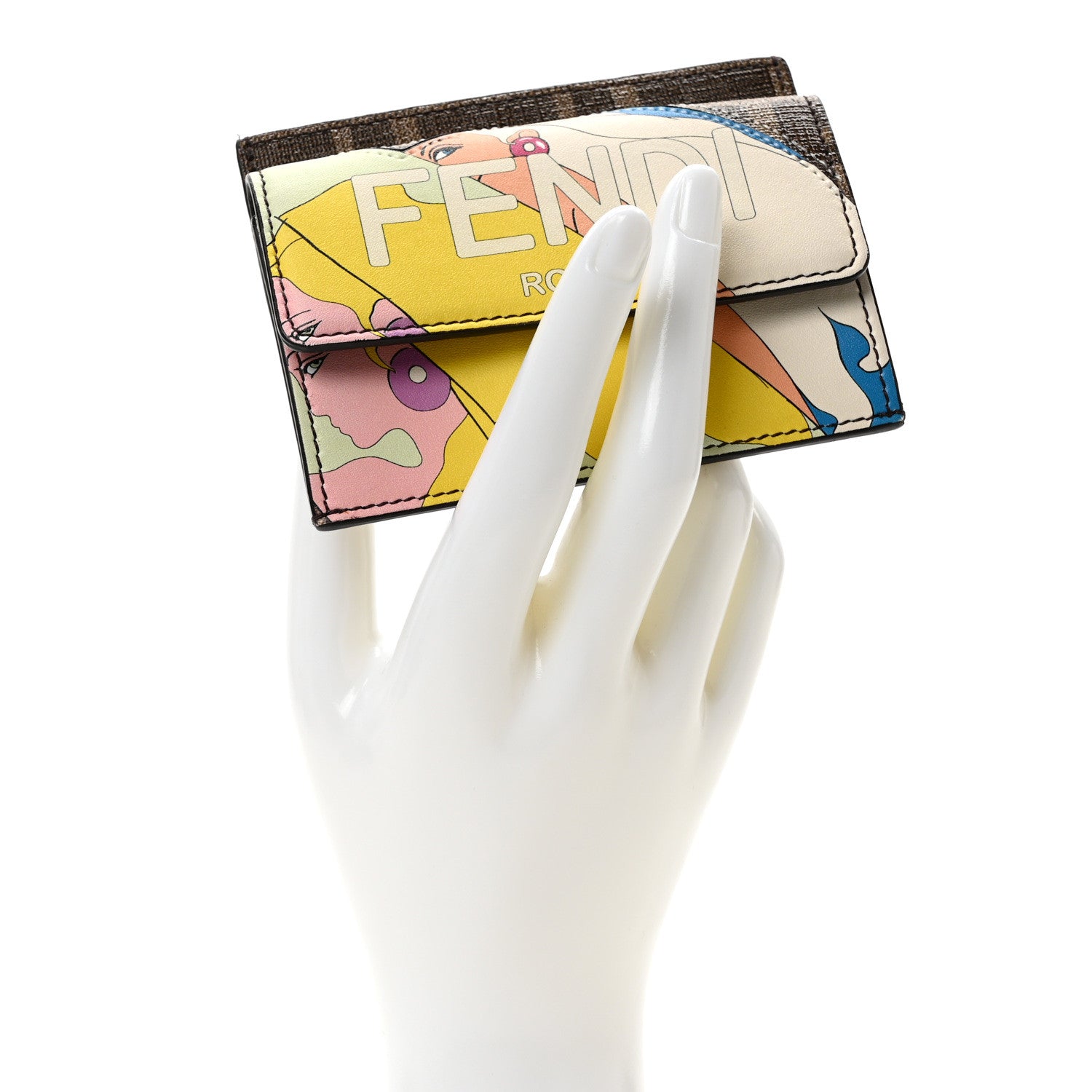 Fendi Glazed Fabric Vitello Liberty FF 1974 Logo Hairdo Girls Inlay Fold Over Card Holder Wallet Mogano Panna Multicolor 2 of 7
