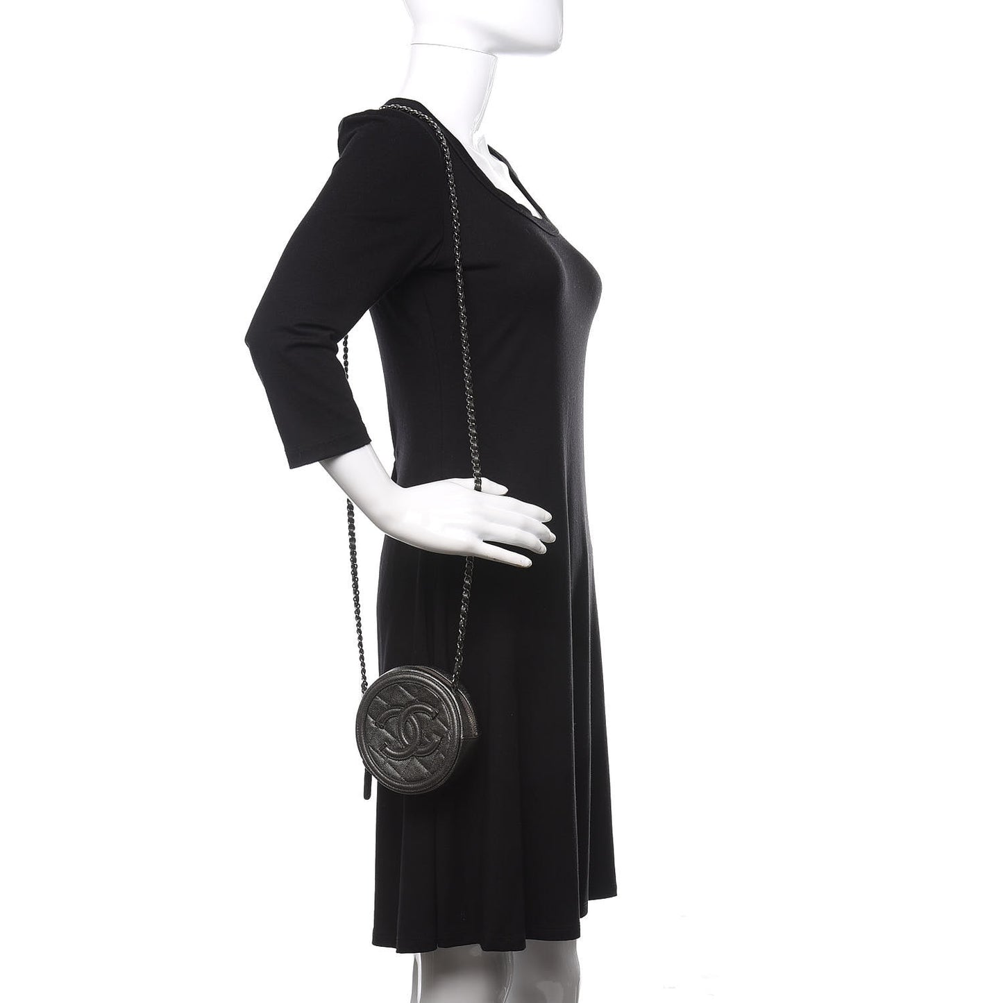 Metallic Caviar Quilted Round Filigree Crossbody Dark Silver