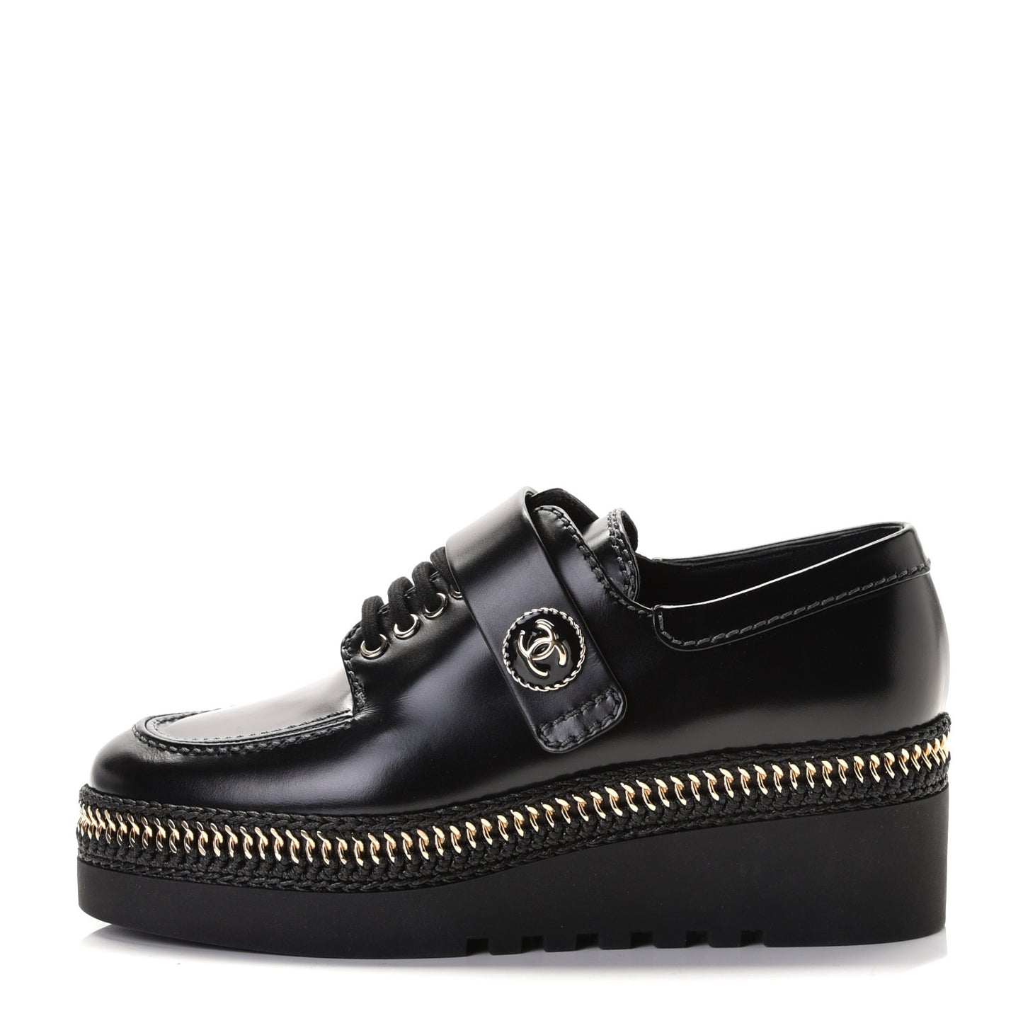 Shiny Calfskin Lace Up Platform Loafers 36 Black