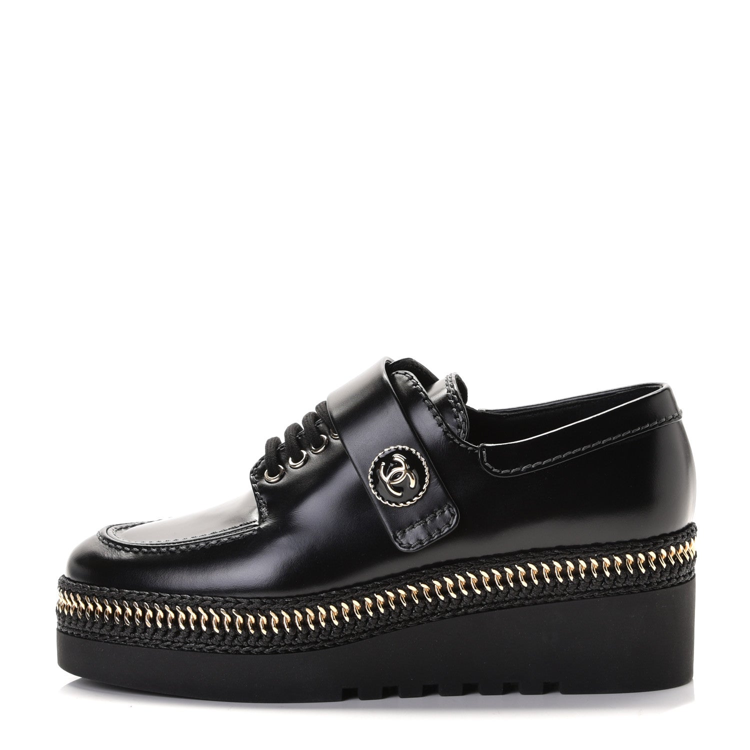 Chanel Shiny Calfskin Lace Up Platform Loafers 36 Black 1 of 8