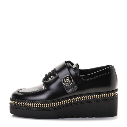 Chanel Shiny Calfskin Lace Up Platform Loafers 36 Black 1 of 8