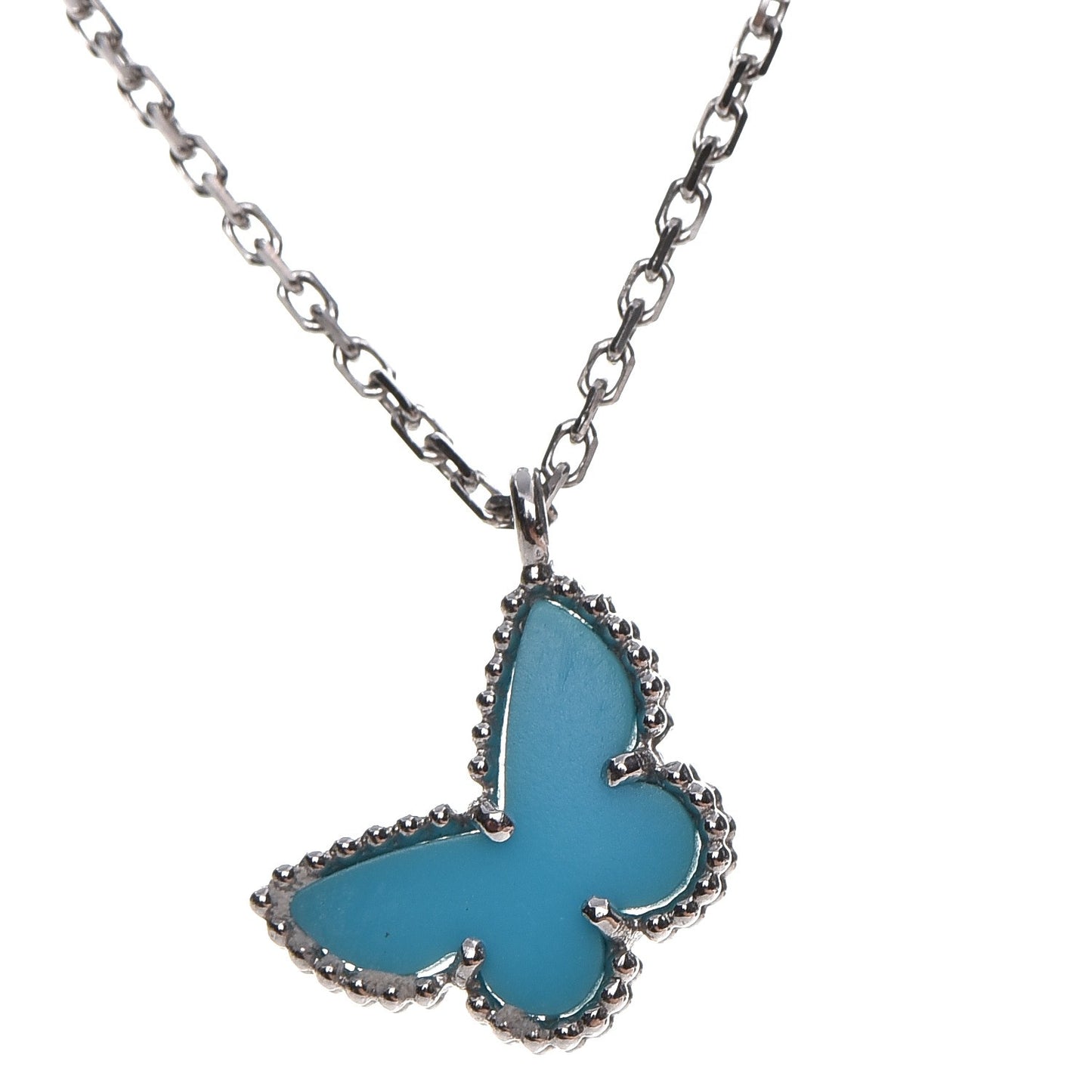 18K White Gold Turquoise Sweet Alhambra Butterfly Pendant Necklace