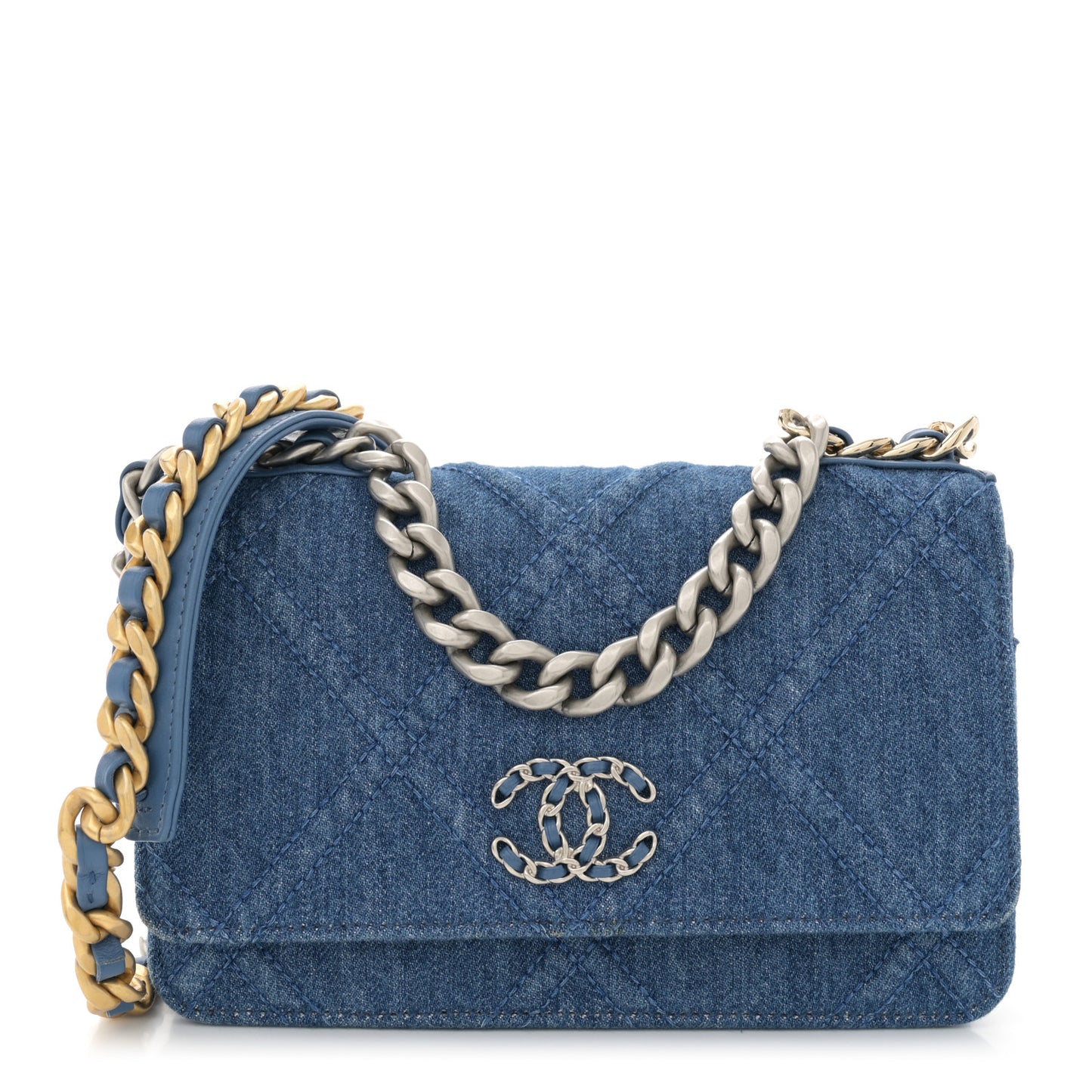 Denim Quilted Chanel 19 Wallet On Chain WOC Blue