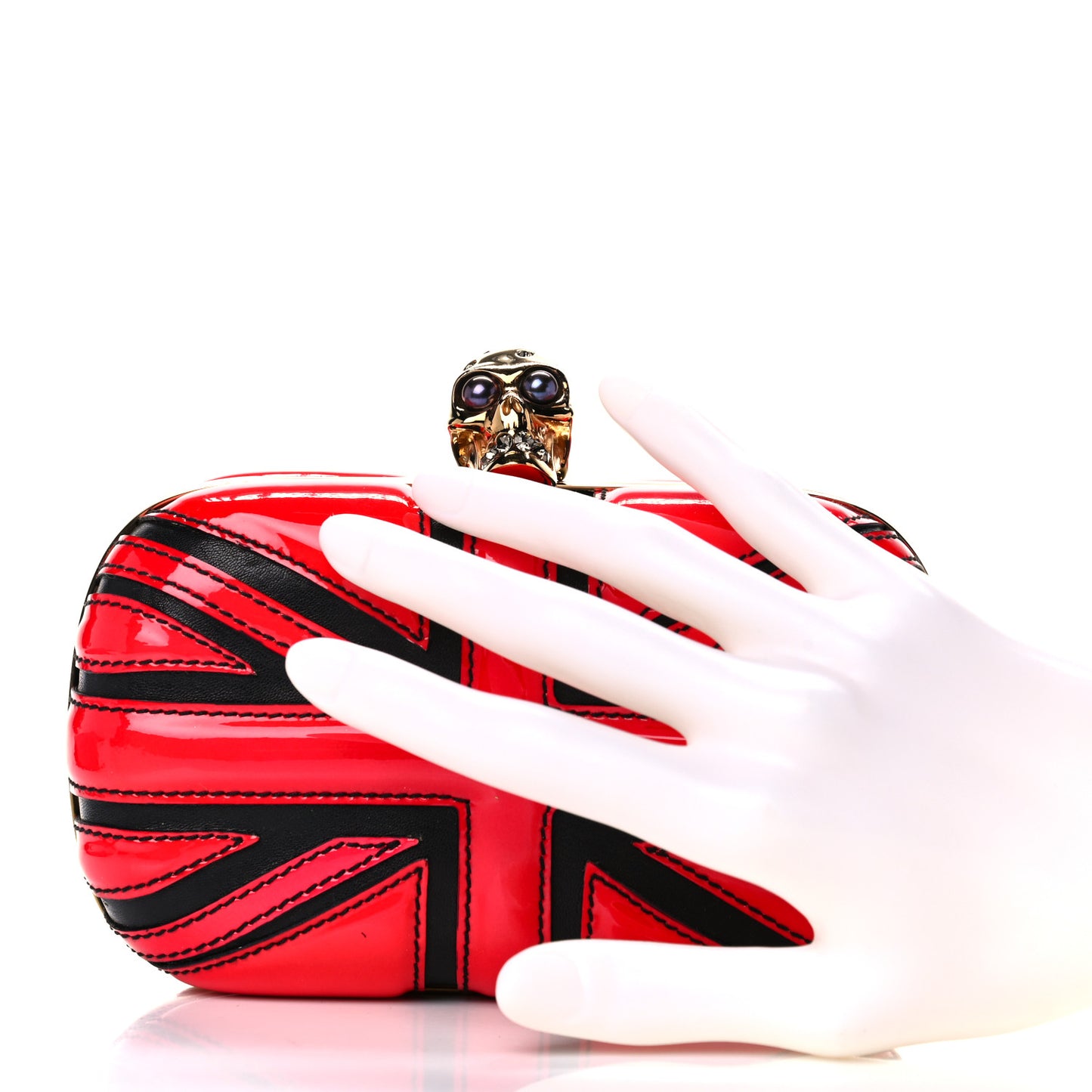 Patent Calfskin Britannia Skull Box Clutch Red Black