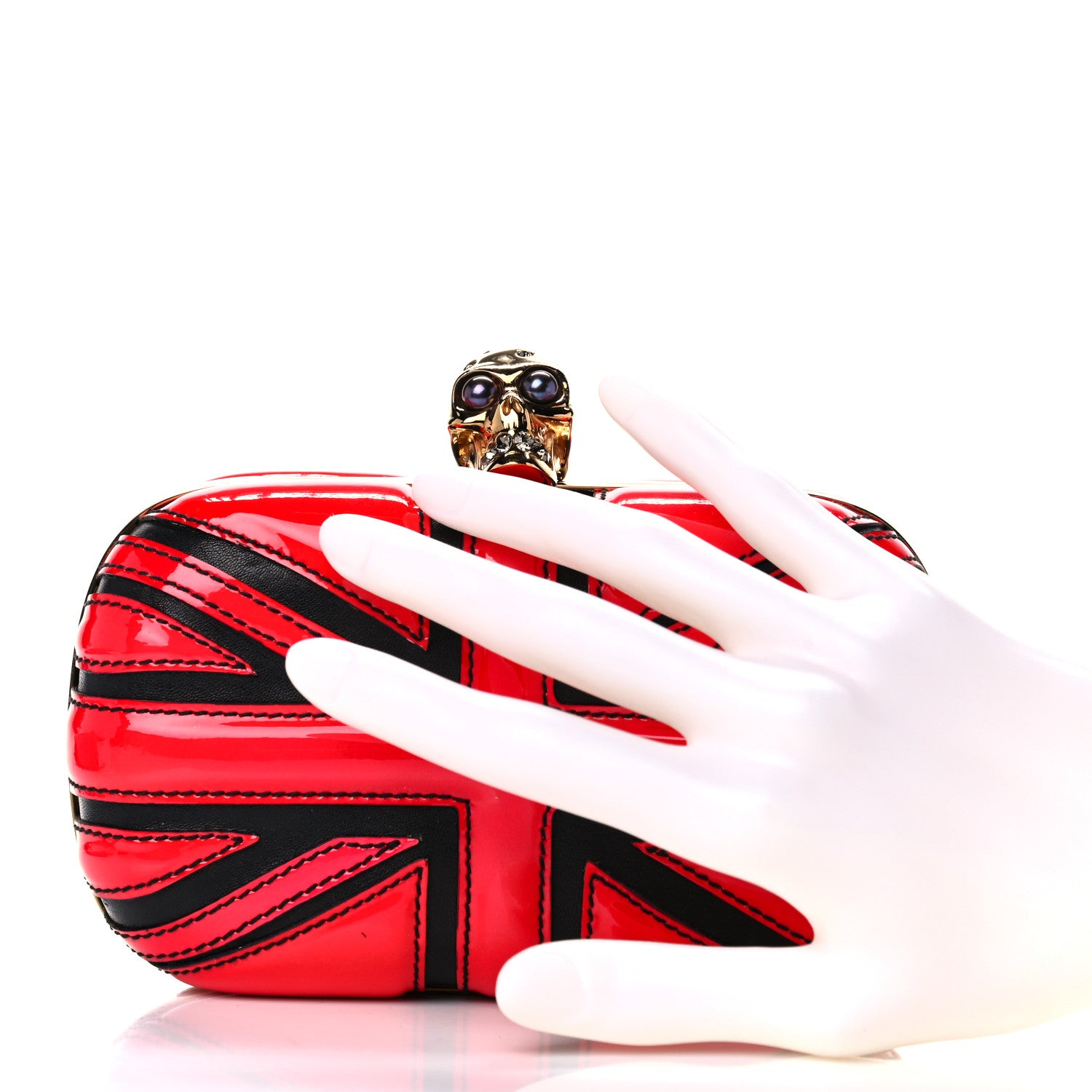 Alexander McQueen Patent Calfskin Britannia Skull Box Clutch Red Black 2 of 18