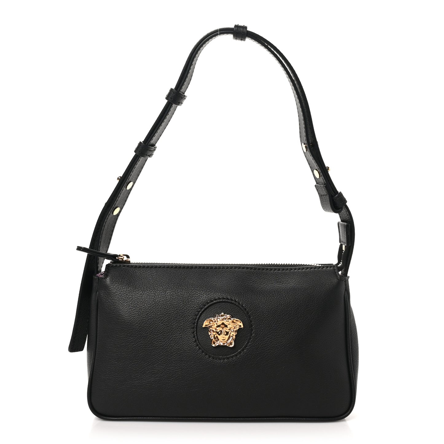 Grained Calfskin Medusa Shoulder Bag Black