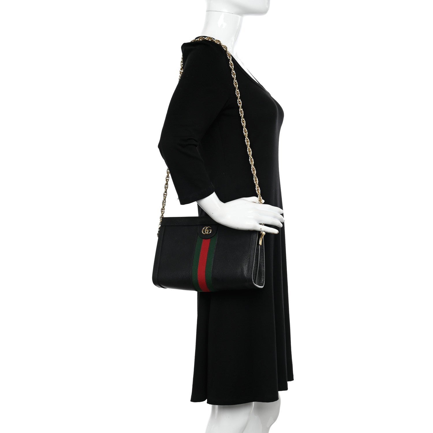 Gucci Calfskin GG Web Small Ophidia Chain Shoulder Bag Black 2 of 14
