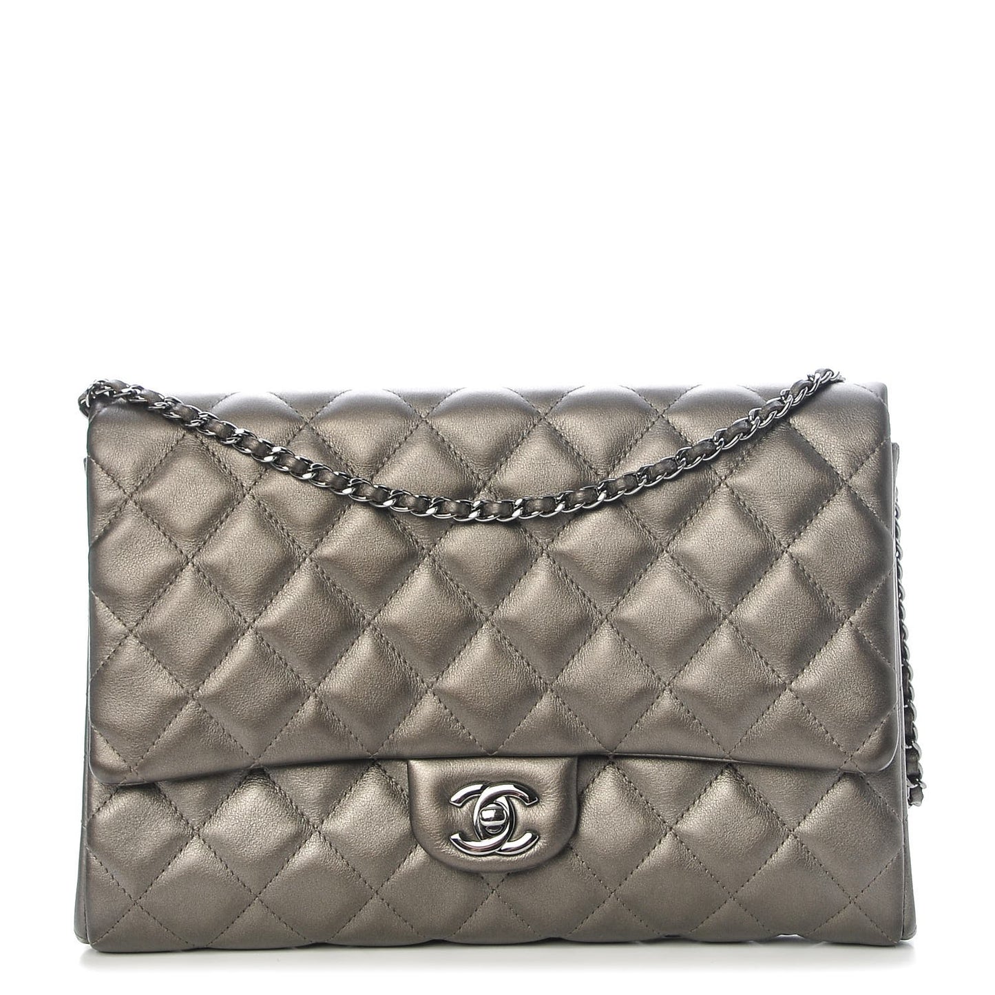 Metallic Lambskin Quilted Clutch With Chain Flap Bronze