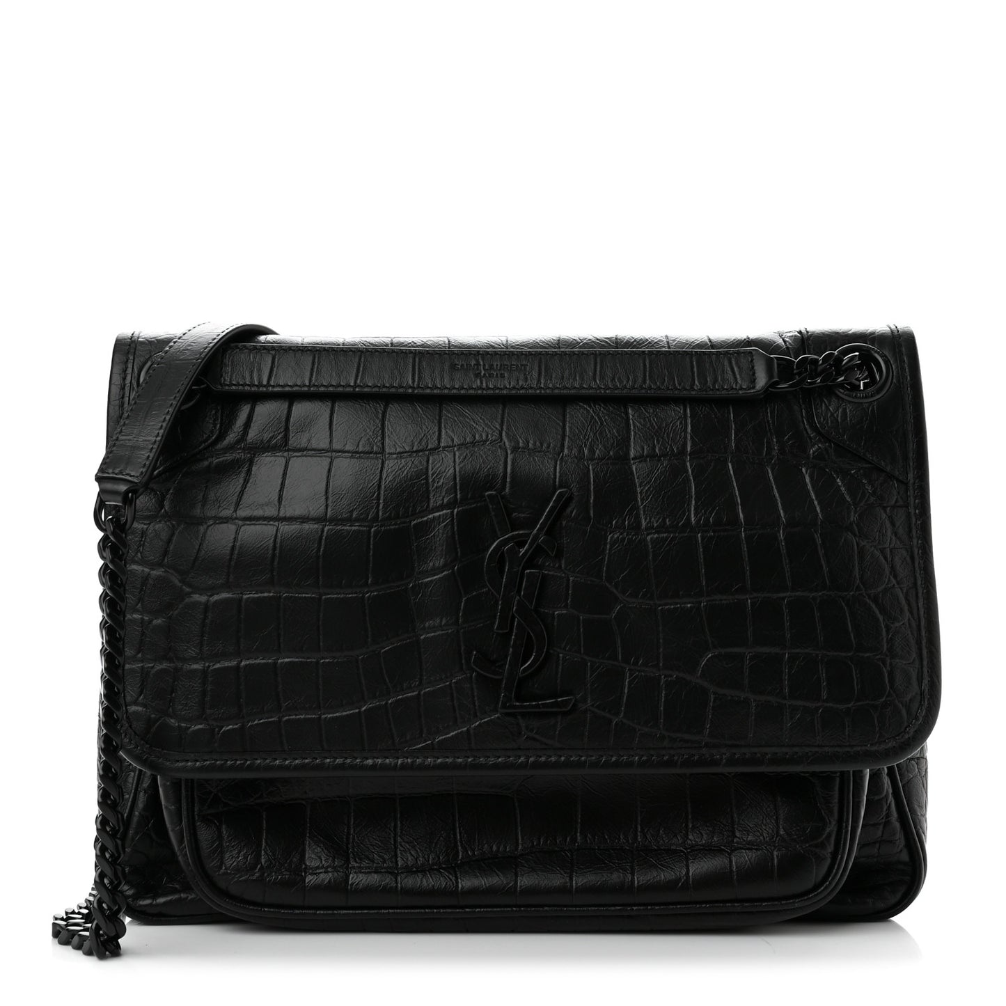 Crocodile Embossed Lambskin Monogram Medium Niki Chain Satchel Black