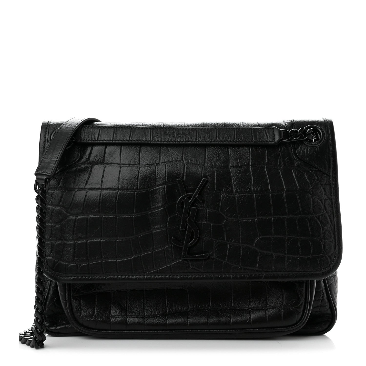 Saint Laurent Crocodile Embossed Lambskin Monogram Medium Niki Chain Satchel Black 1 of 10