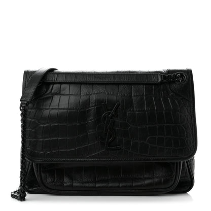Saint Laurent Crocodile Embossed Lambskin Monogram Medium Niki Chain Satchel Black 1 of 10