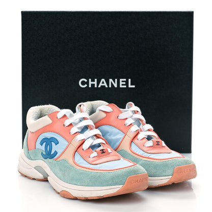 Chanel Nylon Lambskin Suede Calfskin CC Sneakers 36.5 Coral Light Blue White 14 of 14